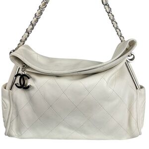 Chanel Lambskin Leather Fold Over Shoulder Bag Ivory White CC Chain Hobo Quilted
